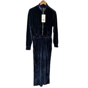 Fabletics Sz M Velour Wide-leg Jumpsuit Womens Navy Blue Zip Front Cozy NWT